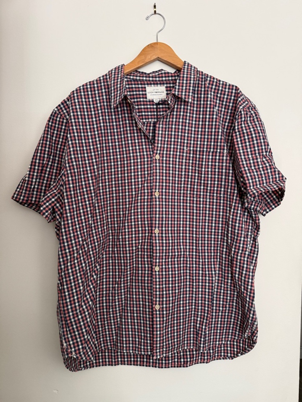 Lucky Brand Red and Blue Check Short Sleeve Button-Down Shirt